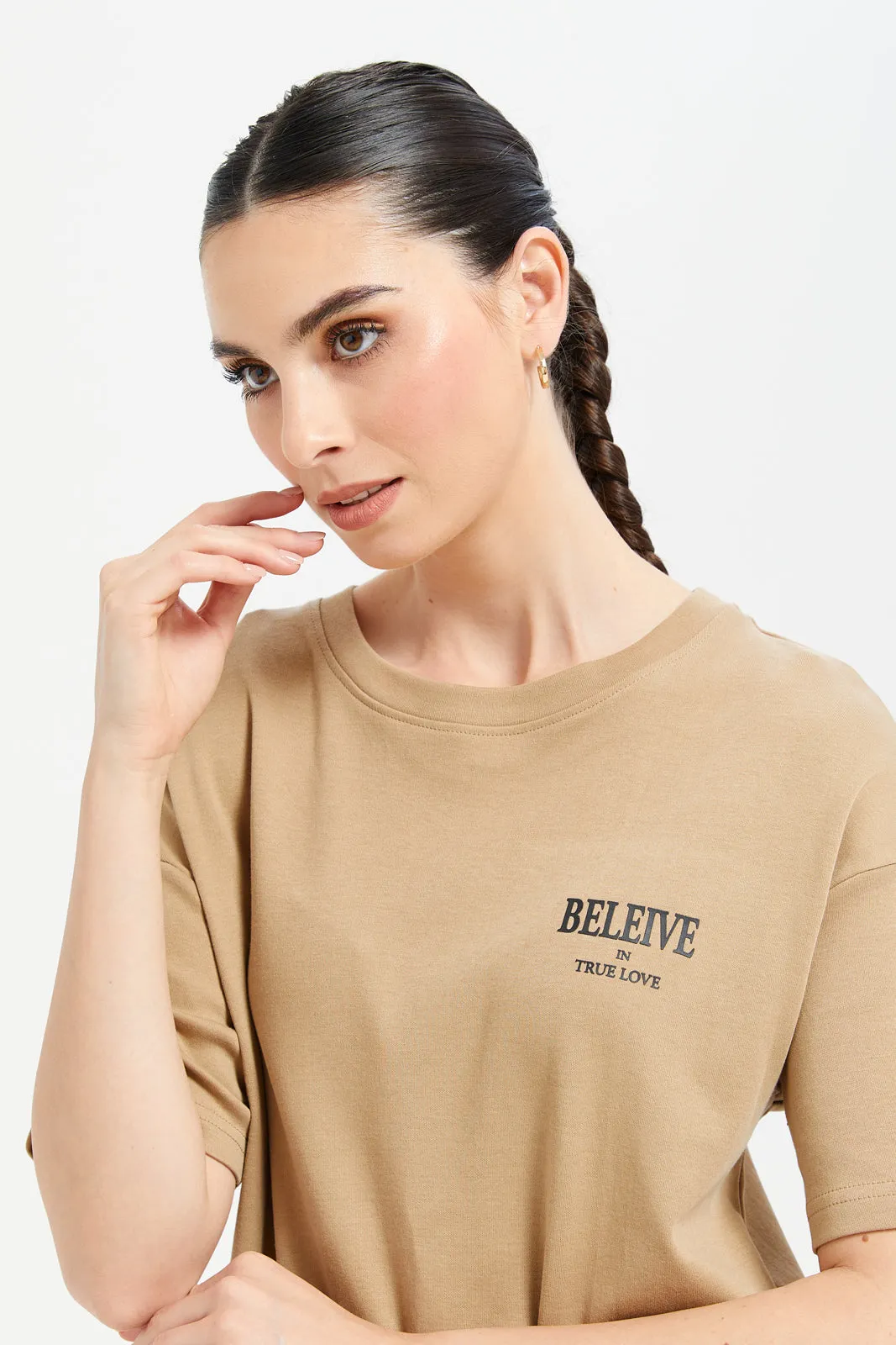 Women Brown Oversize T-Shirt With Placement Print