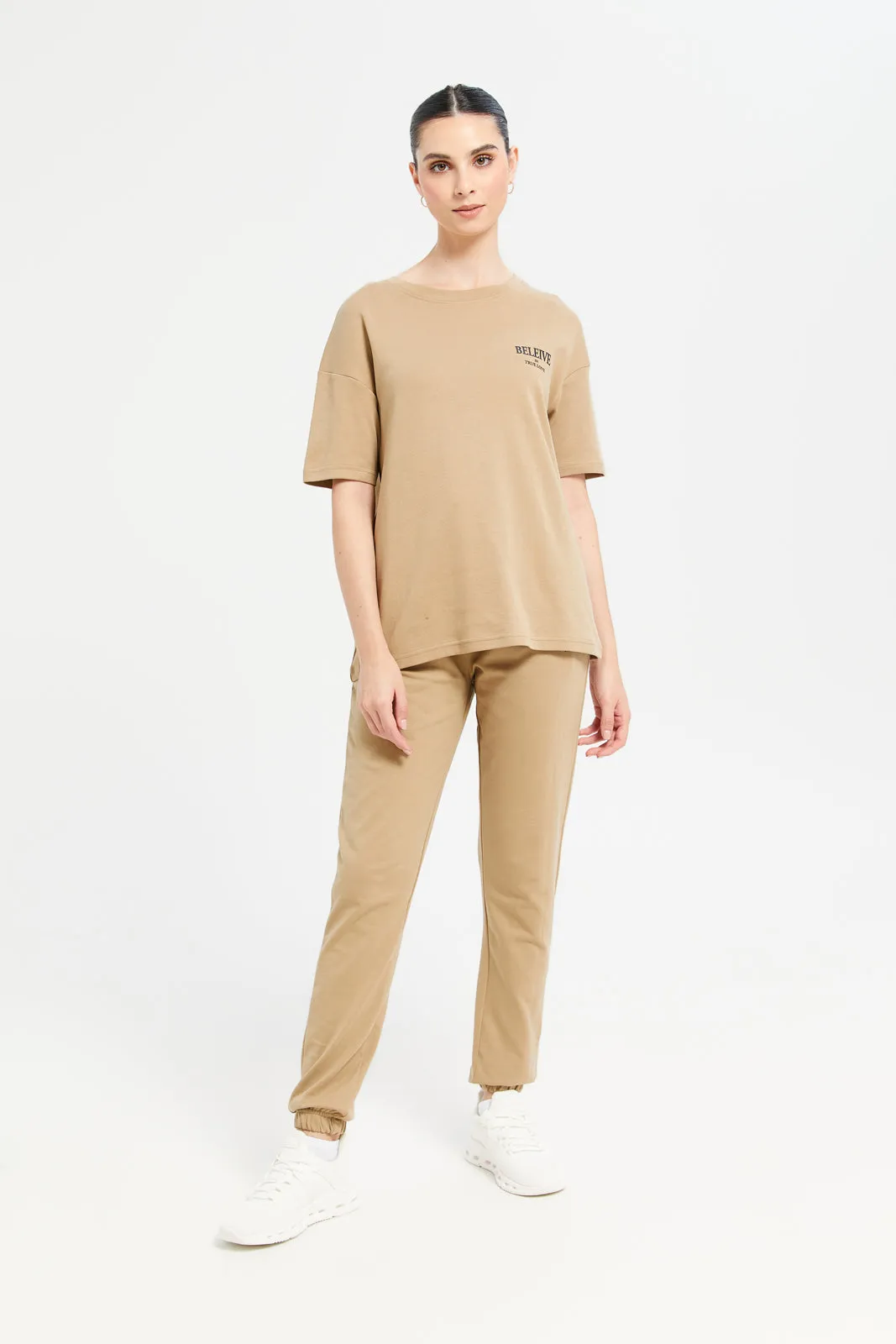 Women Brown Oversize T-Shirt With Placement Print