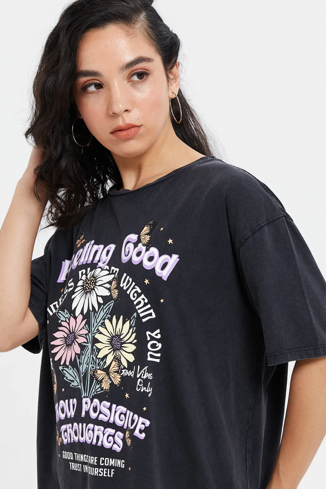 Women Charcoal Acid Wash Printed T-Shirt