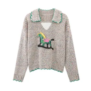 Women's lapel Wool Knitwear Women Winter 2023 Thick Needle Embroidered Sweater Long Sleeve Pullover Top C-234