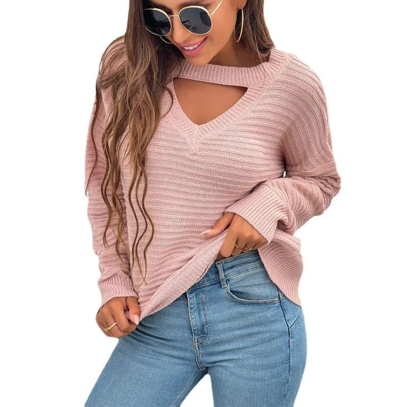 Women's solid color sexy chest hollow sweater